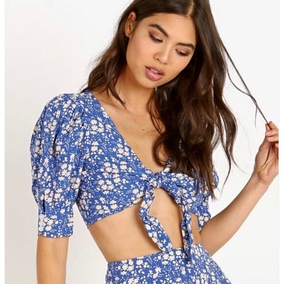 For Love & Lemons Tops - For Love And Lemons Zamira Floral Tie Front Crop Top Sz Large Blue White Flirty